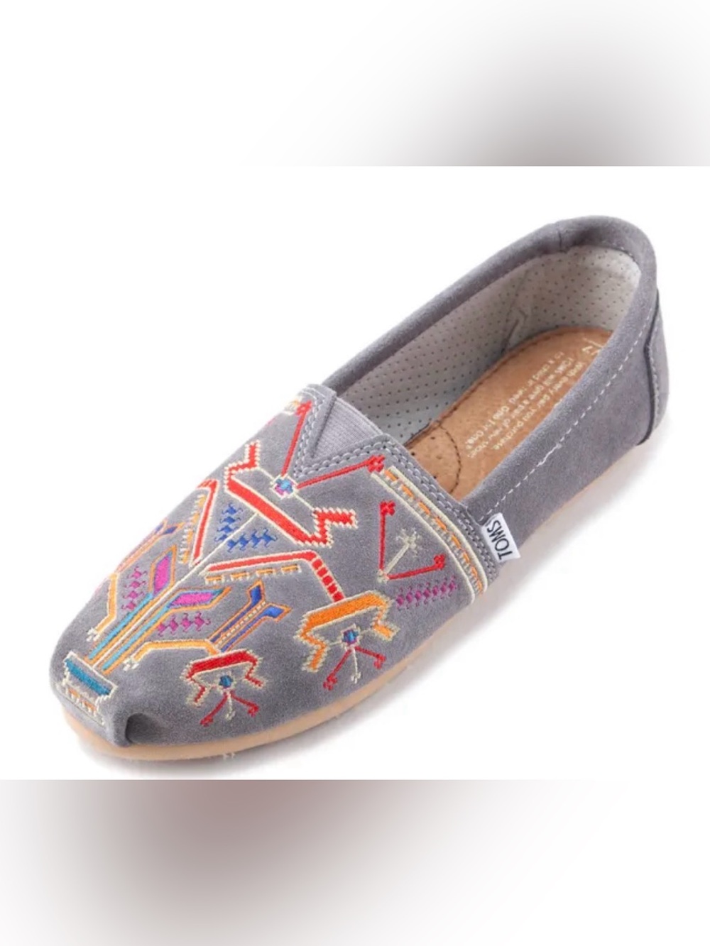 TOMS Grey Suede Tribal Geometric Embroidered Alpargata Moccasins Womens size 8